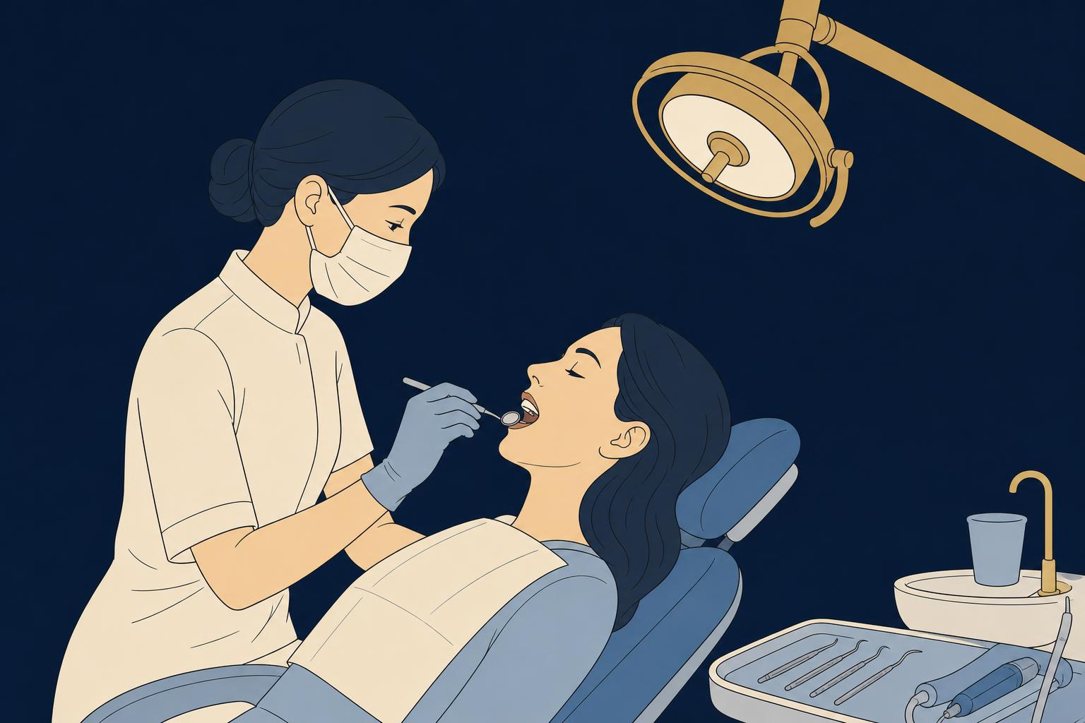 Illustration of a dentist examining a reclined patient's upper teeth with a mouth mirror under an examination light