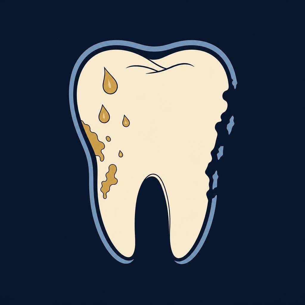 Illustration of a molar tooth with acid droplets on its surface and a worn protective outline on one side