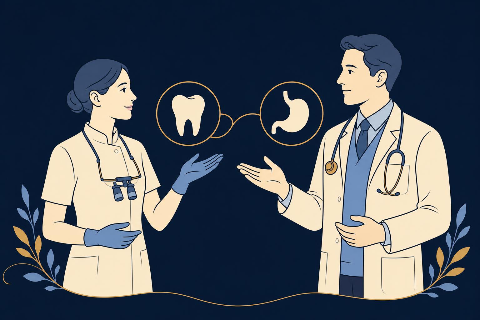 Illustration of a dentist and a physician in conversation, connected by a line between a tooth symbol and a stomach symbol