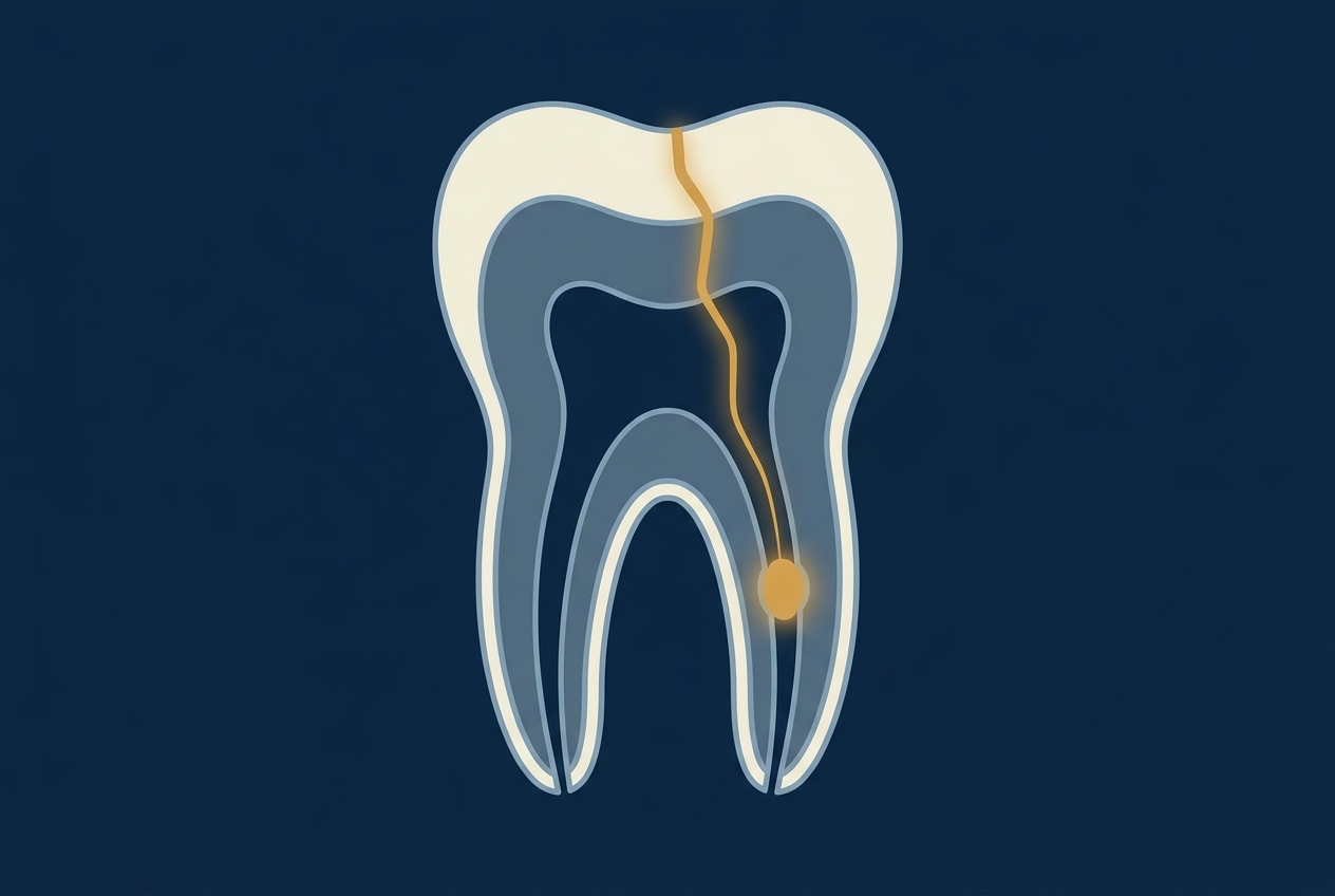 Cross-section illustration of a tooth with a crack descending from the biting surface toward a glowing nerve near the root