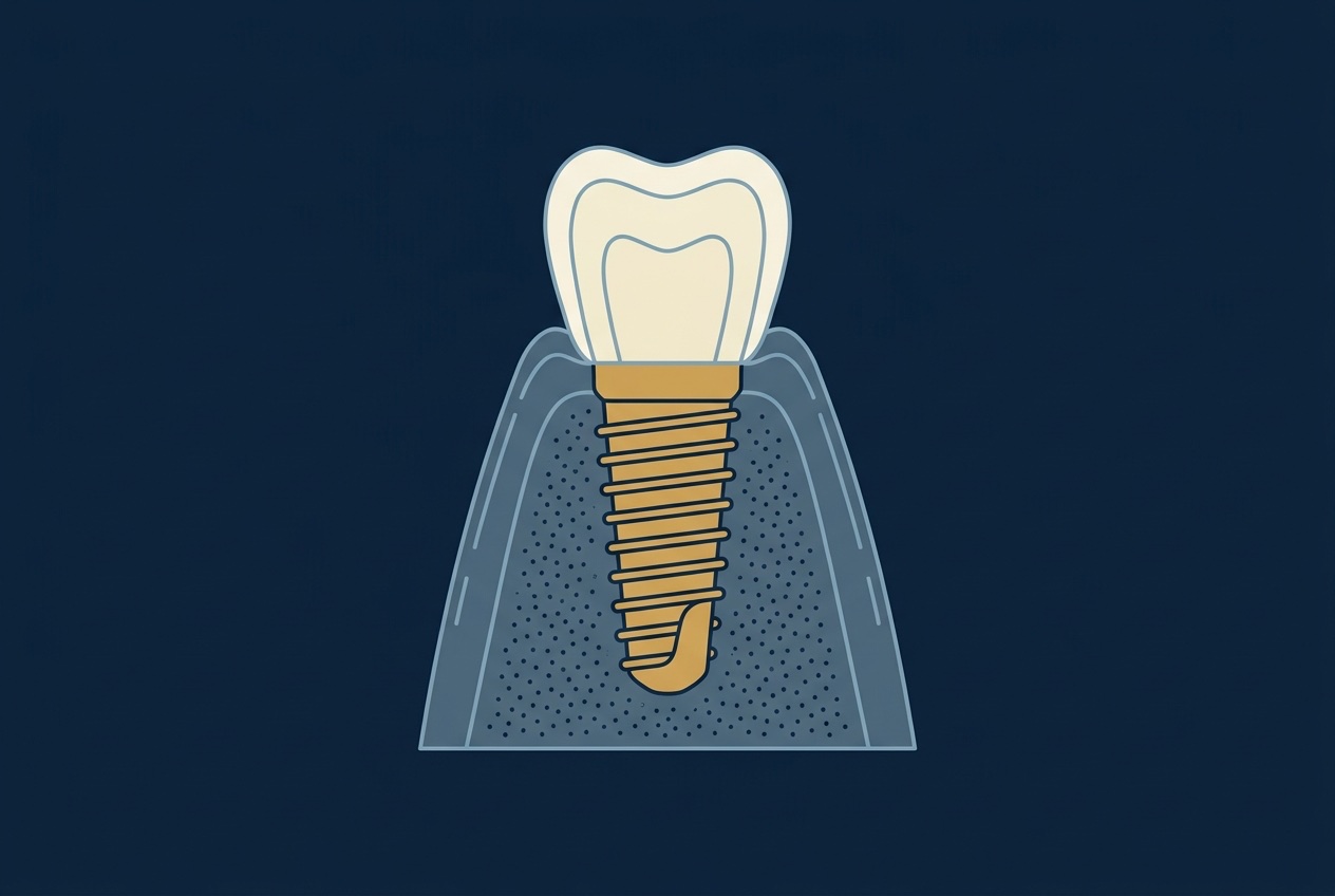Cross-section illustration of a dental implant, a screw-shaped post seated in the jawbone with a crown fitted on top