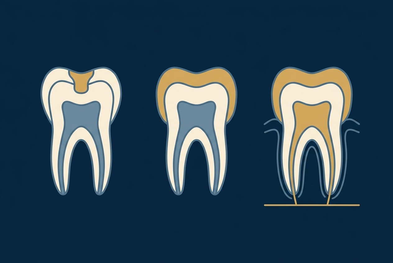 Illustration of three teeth showing escalating repair: a filling, then a protective crown, then a root canal with a crown on top