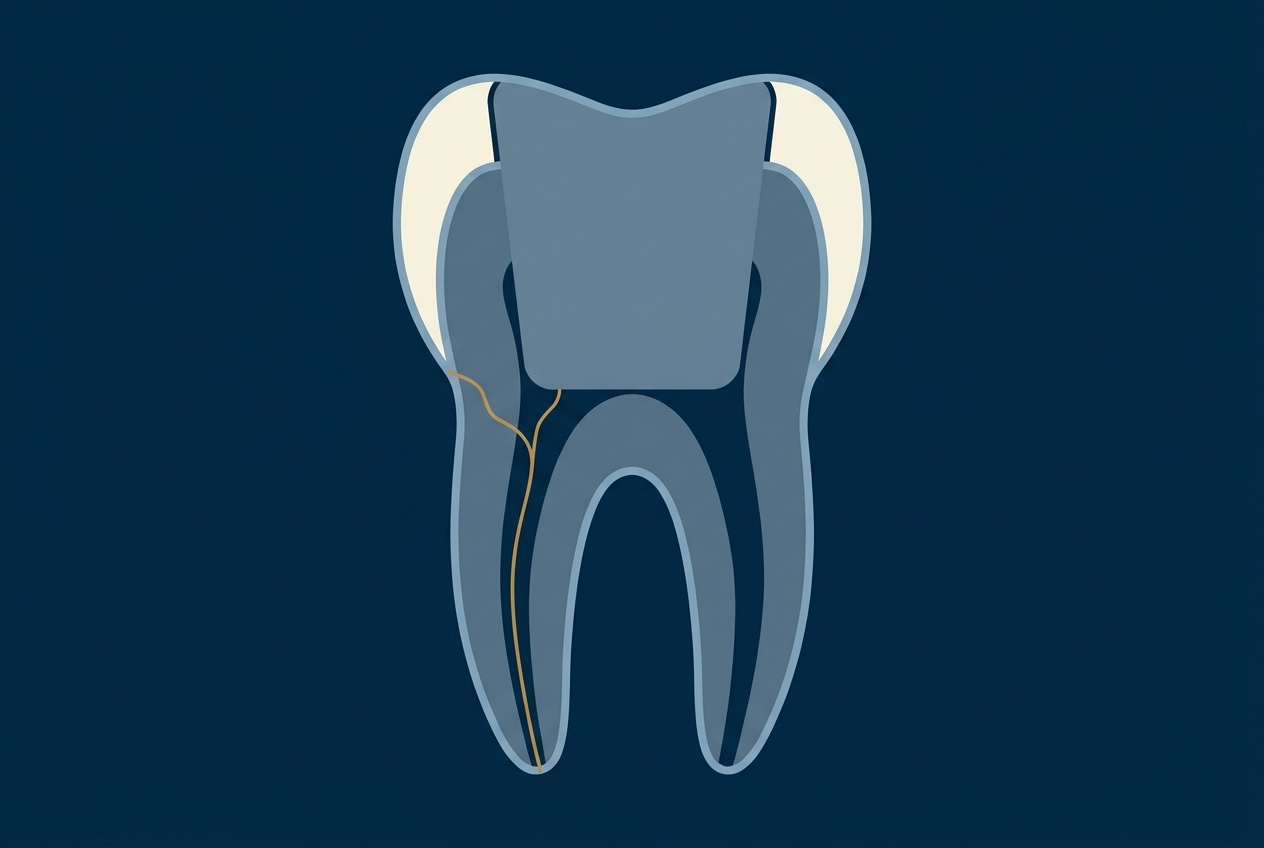 Cross-section illustration of a molar with a large filling in the crown, leaving only thin walls of natural tooth, with a crack forming at one wall
