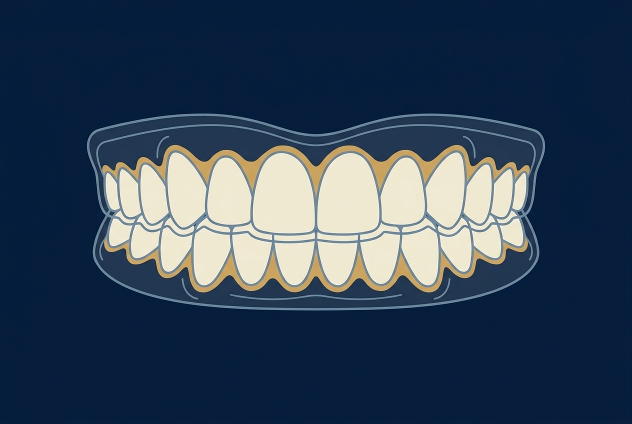 Illustration of a clear custom whitening tray fitted over a row of teeth with a thin layer of whitening gel inside