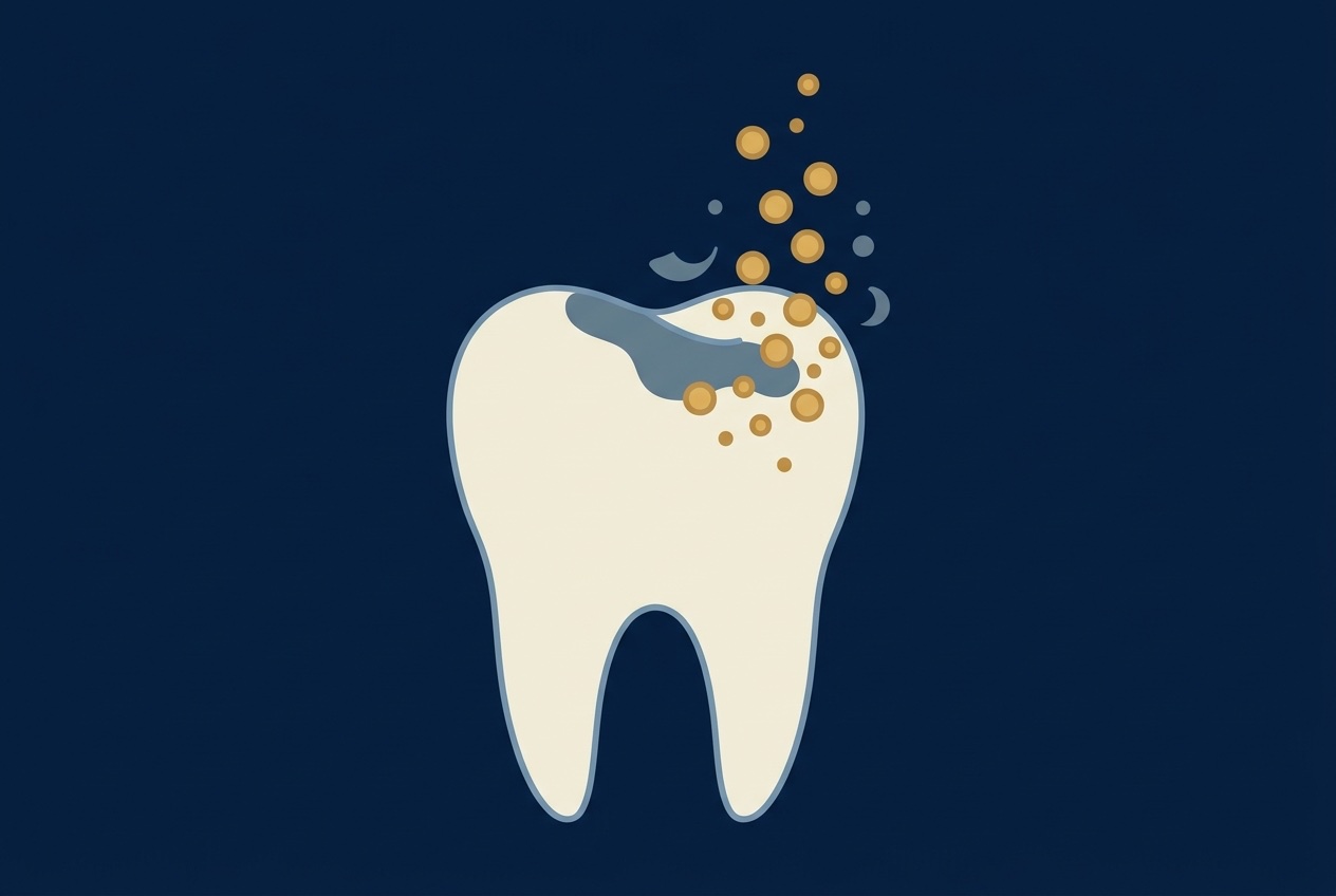Illustration of a tooth with surface stain being lifted away by small rising bubbles, representing a whitening gel releasing oxygen