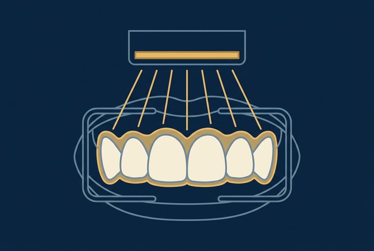 Illustration of an in-clinic whitening session: a light panel directs rays onto teeth coated with gel while the lips and gums are protected by a barrier