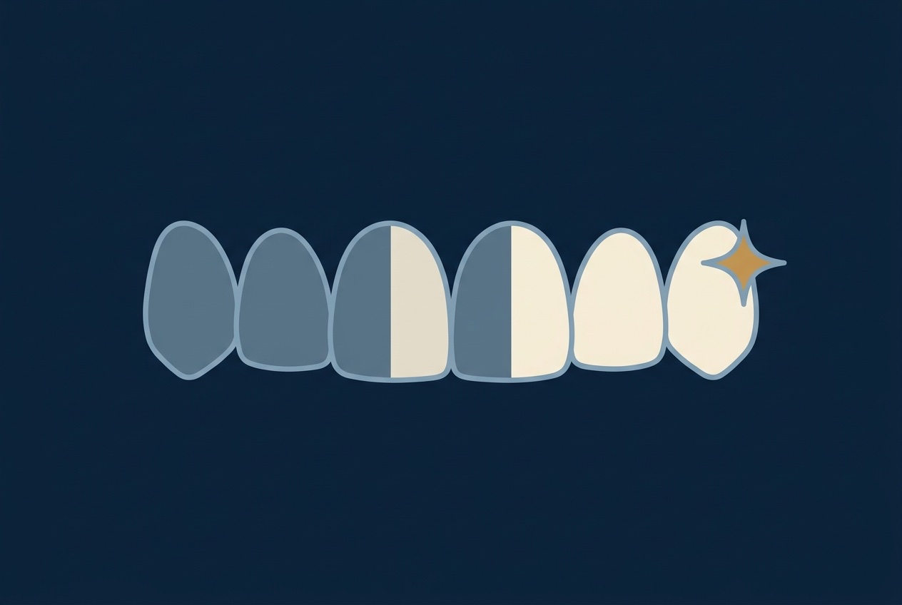 Illustration of a row of teeth arranged as a shade guide, getting brighter and whiter from left to right