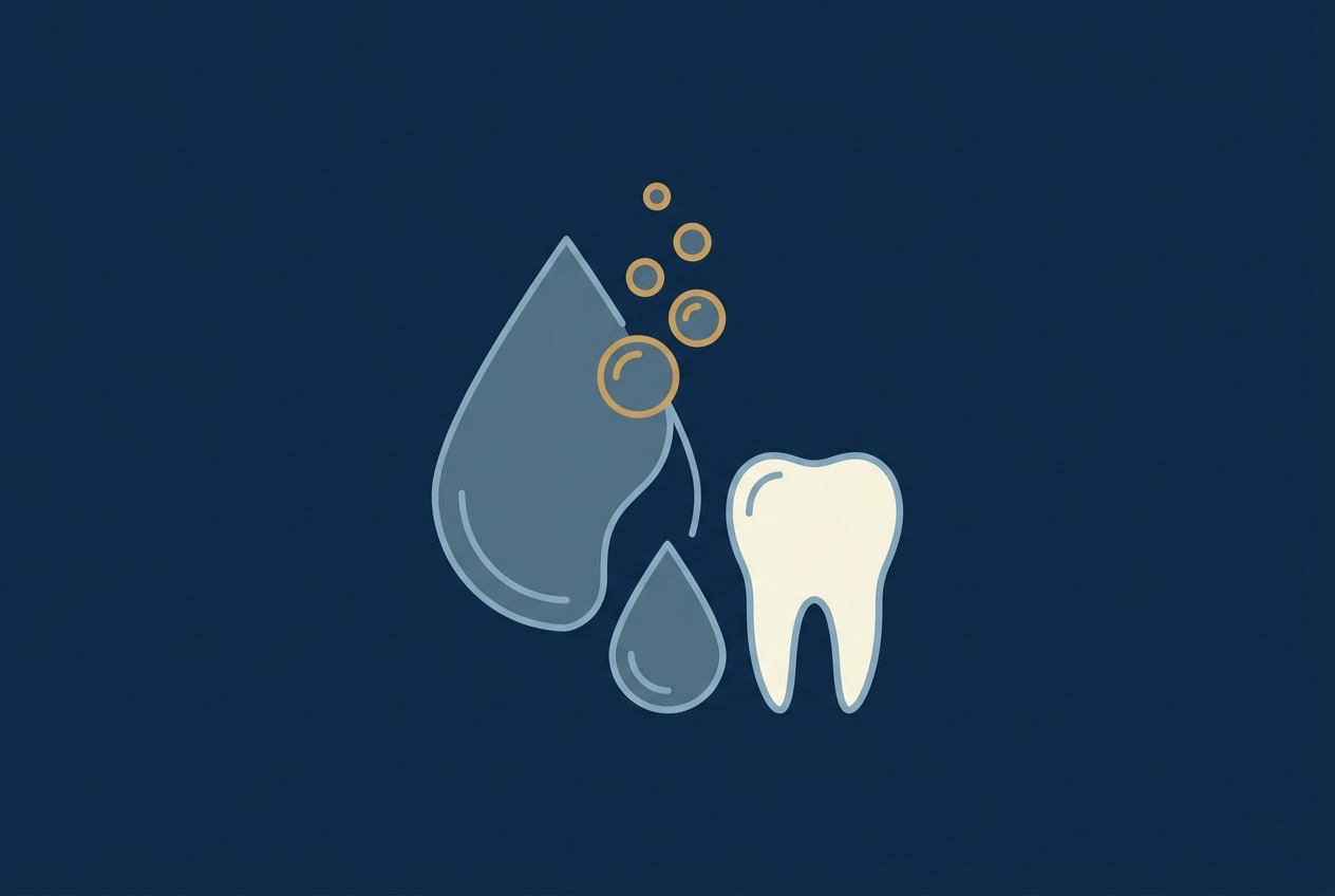 Illustration of a droplet of whitening gel breaking down into a water droplet and rising oxygen bubbles beside a healthy bright tooth